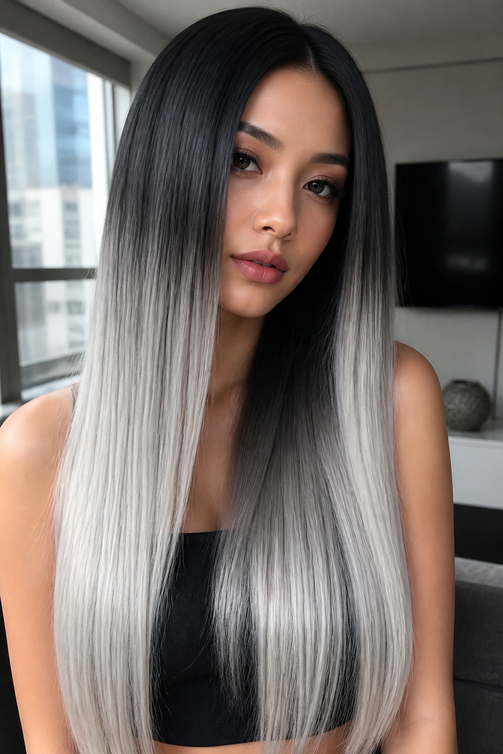 Close-up of a real person with glass-hair ombre from black roots to silver ends