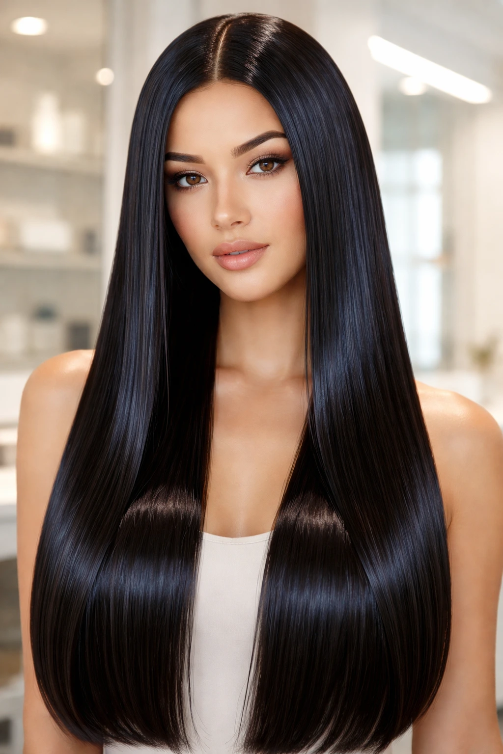 Real woman with glass hair shine and ultra-straight hair