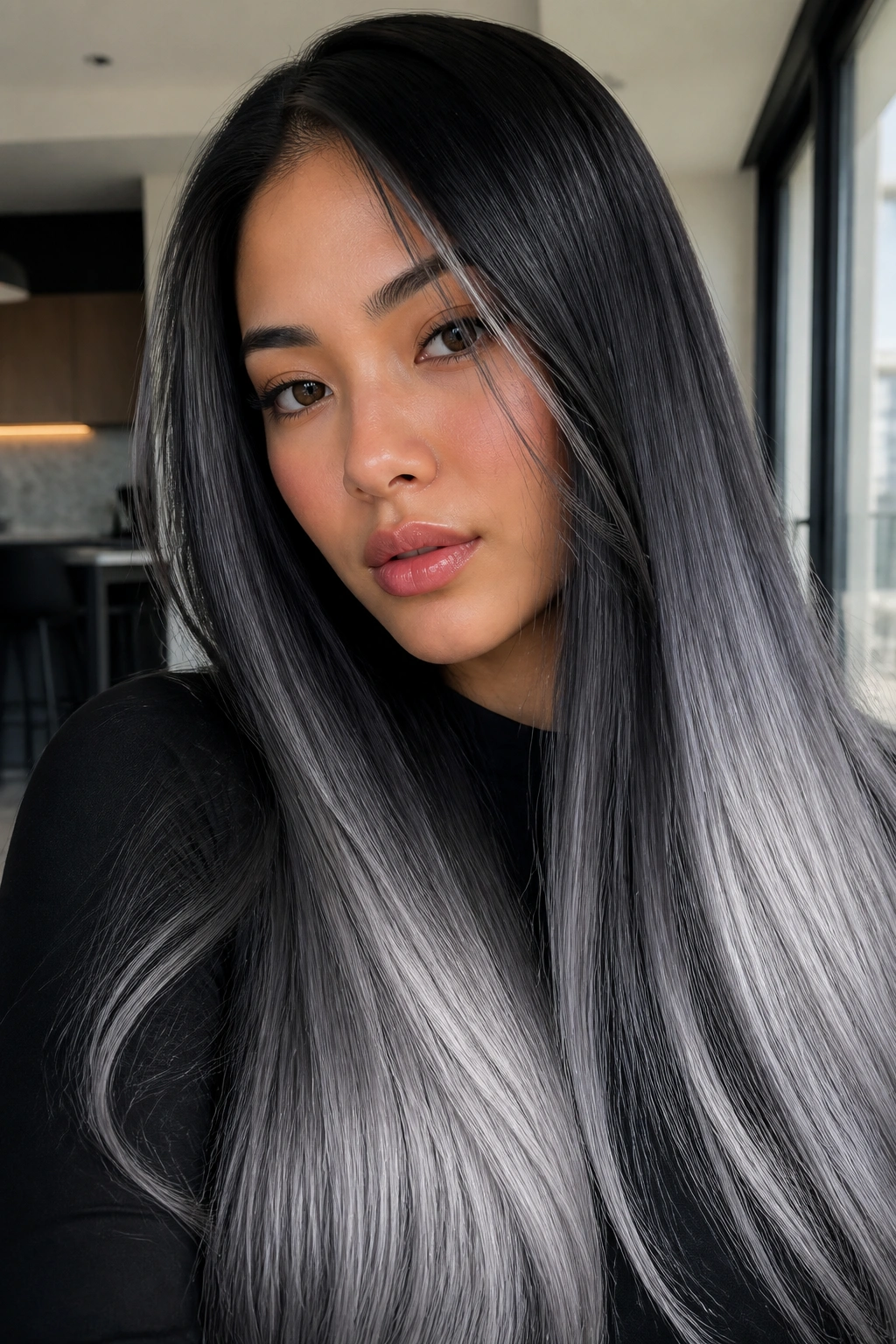 Real person with sleek glass hair and metallic sheen under indoor light