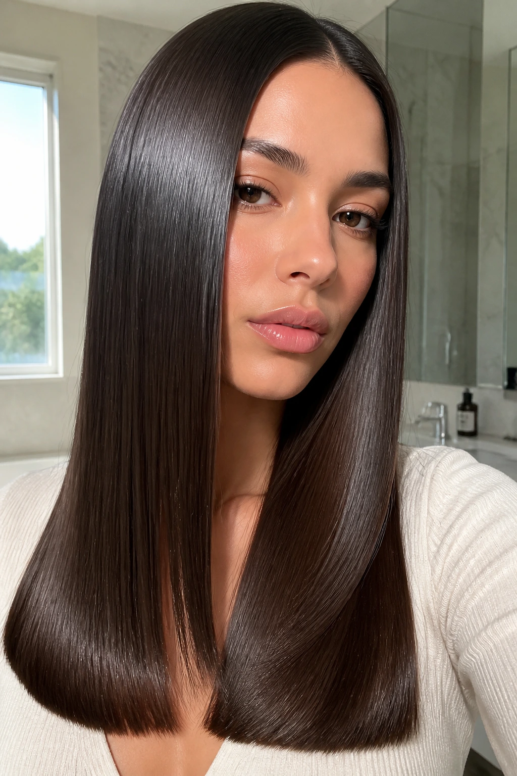 Close-up of a real person with pin-straight, glossy glass hair