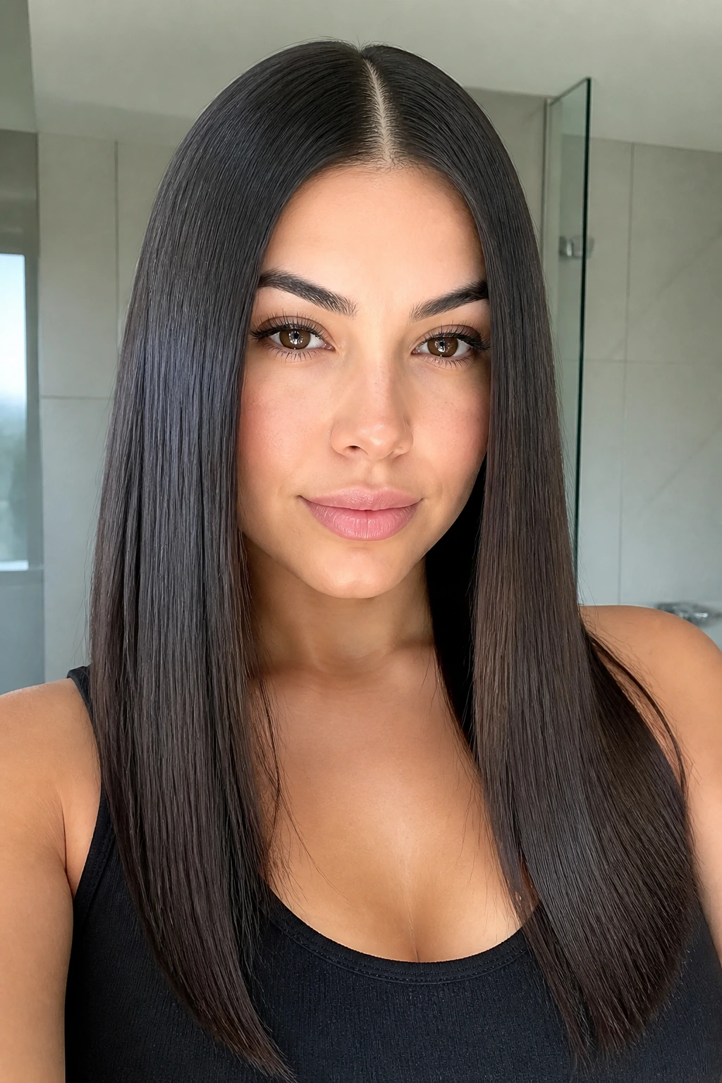 Close up of real woman with pin-straight glass hair in soft daylight