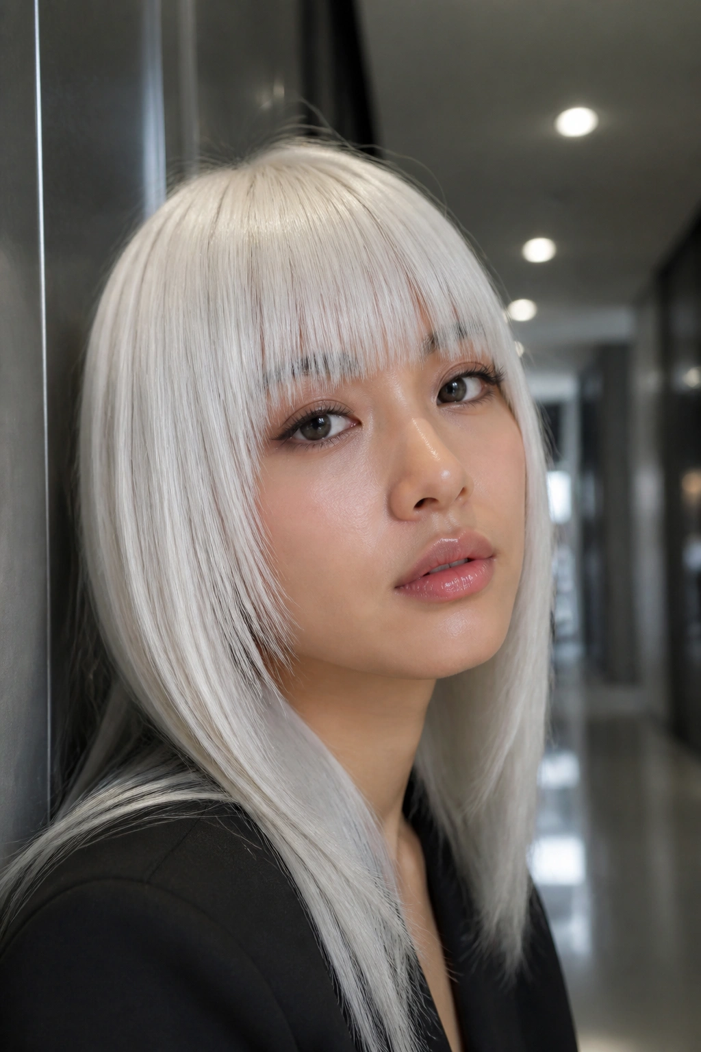 Close-up of a real person with glass hair white bangs in a chic hallway.