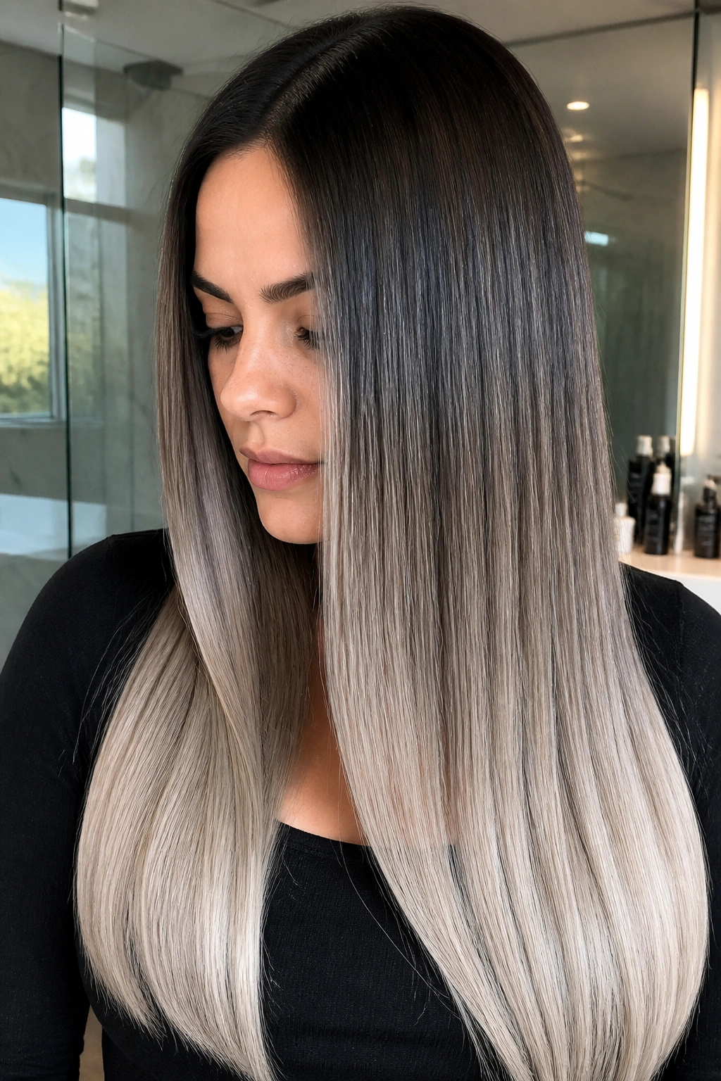 Close-up of real person with glass-shine ash ombre on straight hair.