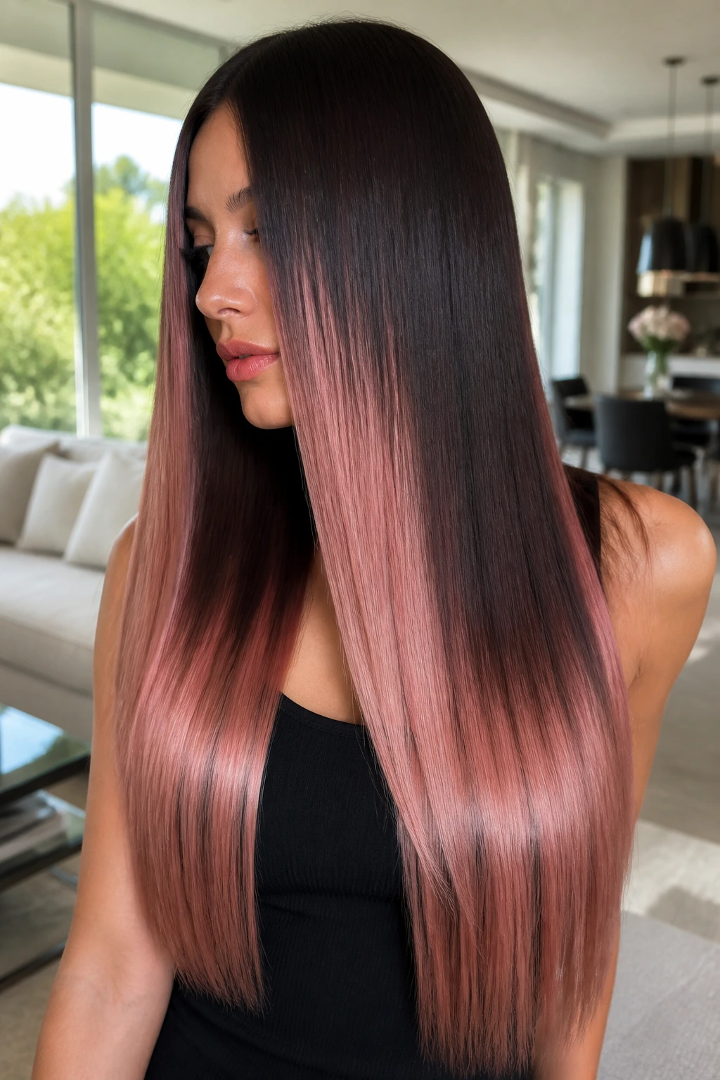 Close-up of straight hair with rose panels on a real person
