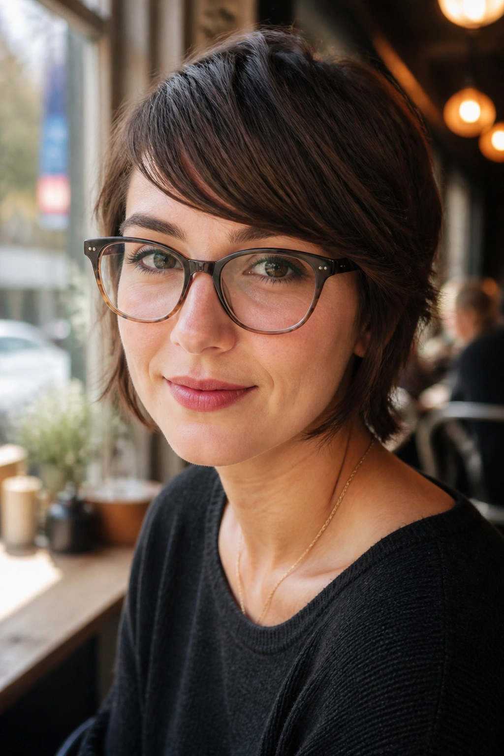 Portrait of a real person with side bangs and glasses in natural light