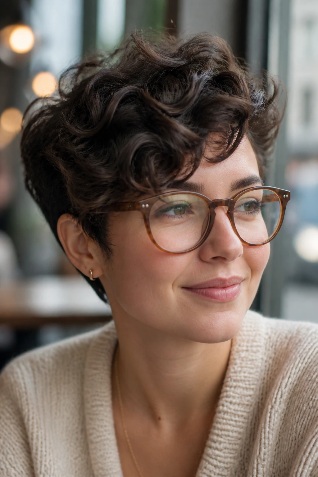 Close-up of a real woman wearing glasses with a glasses-friendly curly pixie and side fringe
