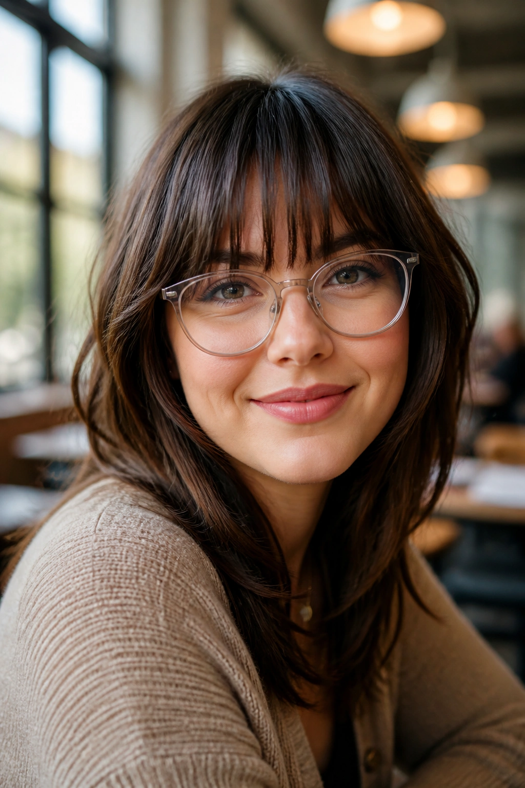 Real person wearing glasses with feathered bangs above the frames.