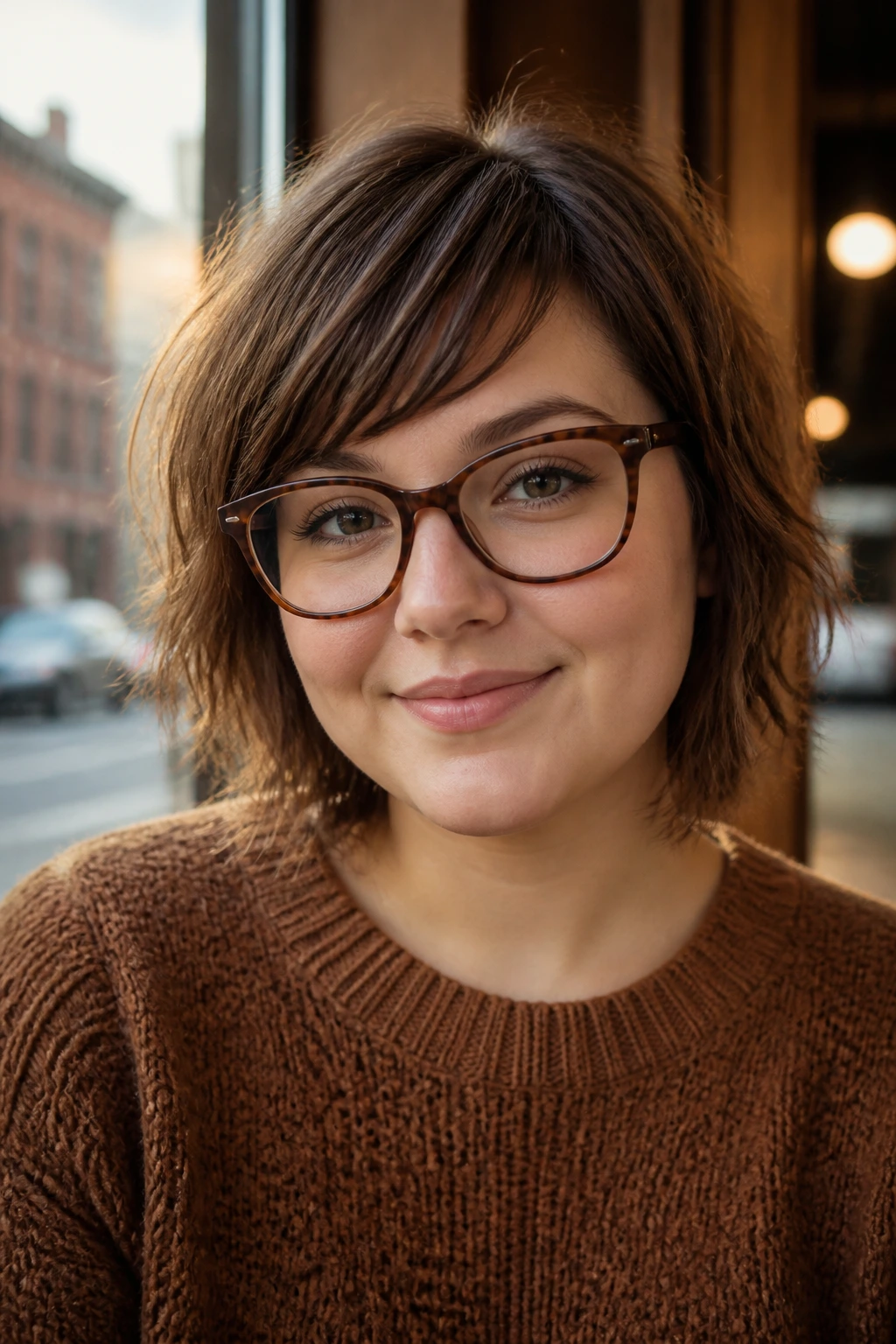 Close-up of a real person wearing glasses with choppy side bangs above the frame