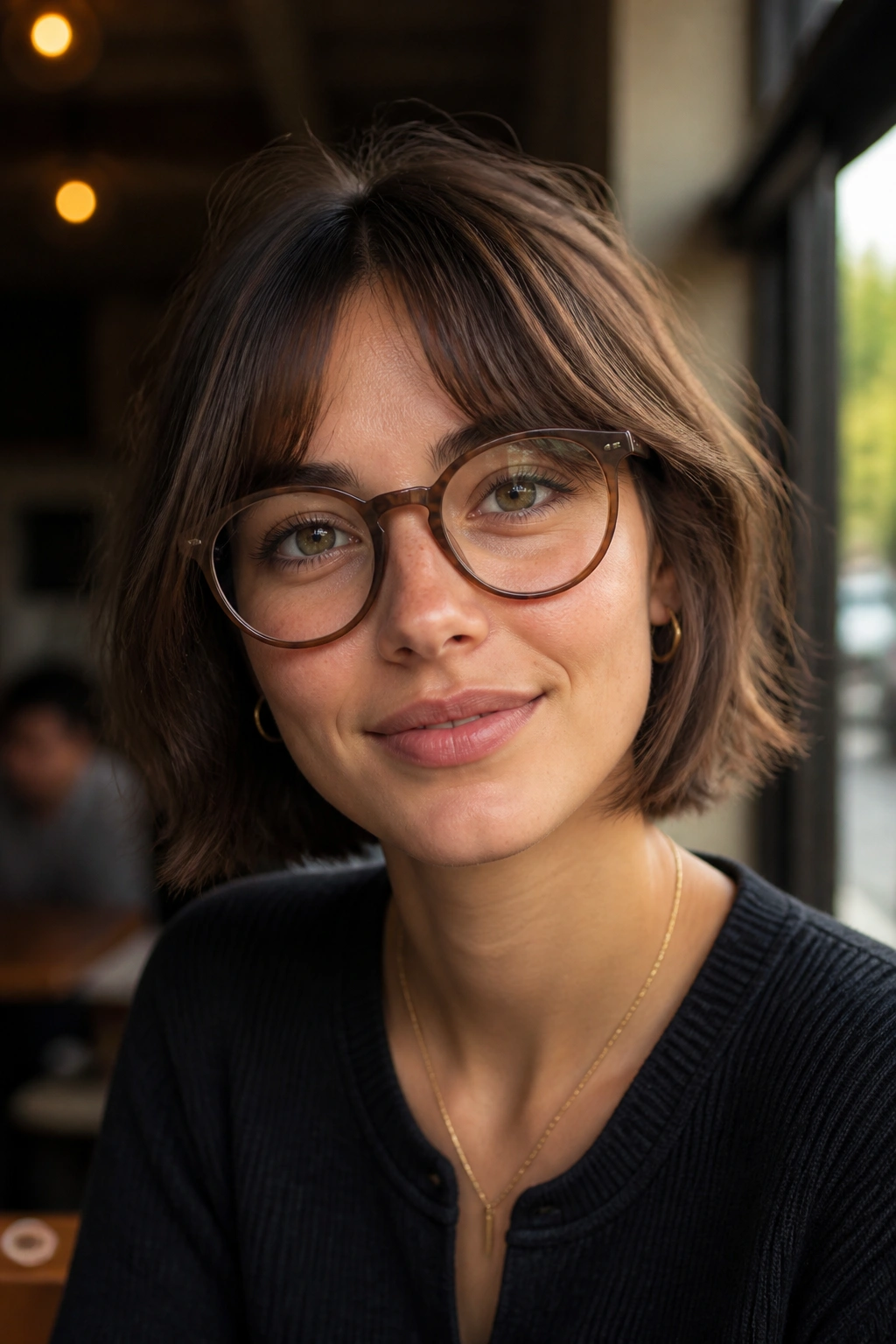 Real woman with glasses and curtain bangs that sit above the bridge.