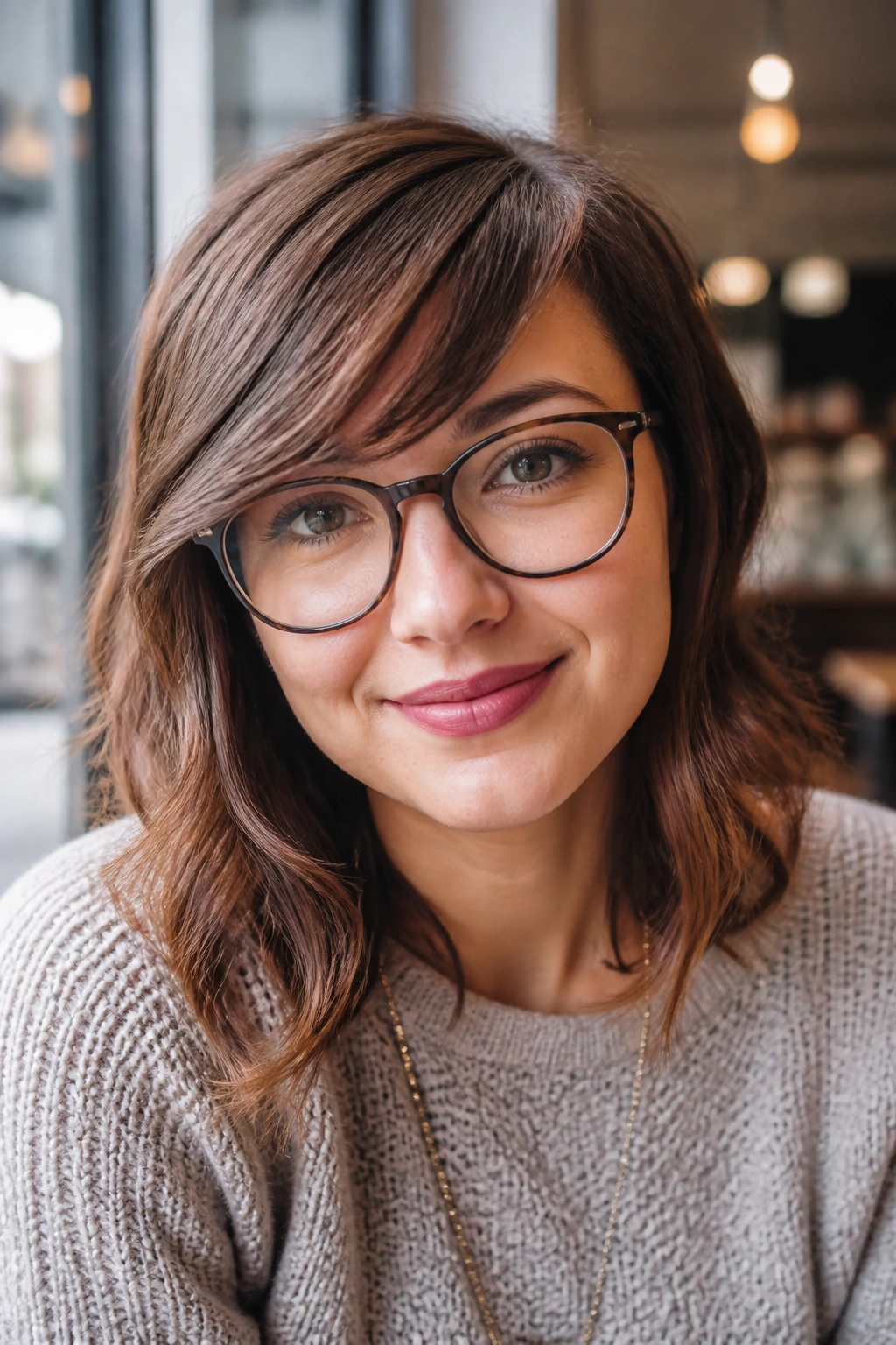 Close-up portrait of a real woman with glasses and side-swept bangs