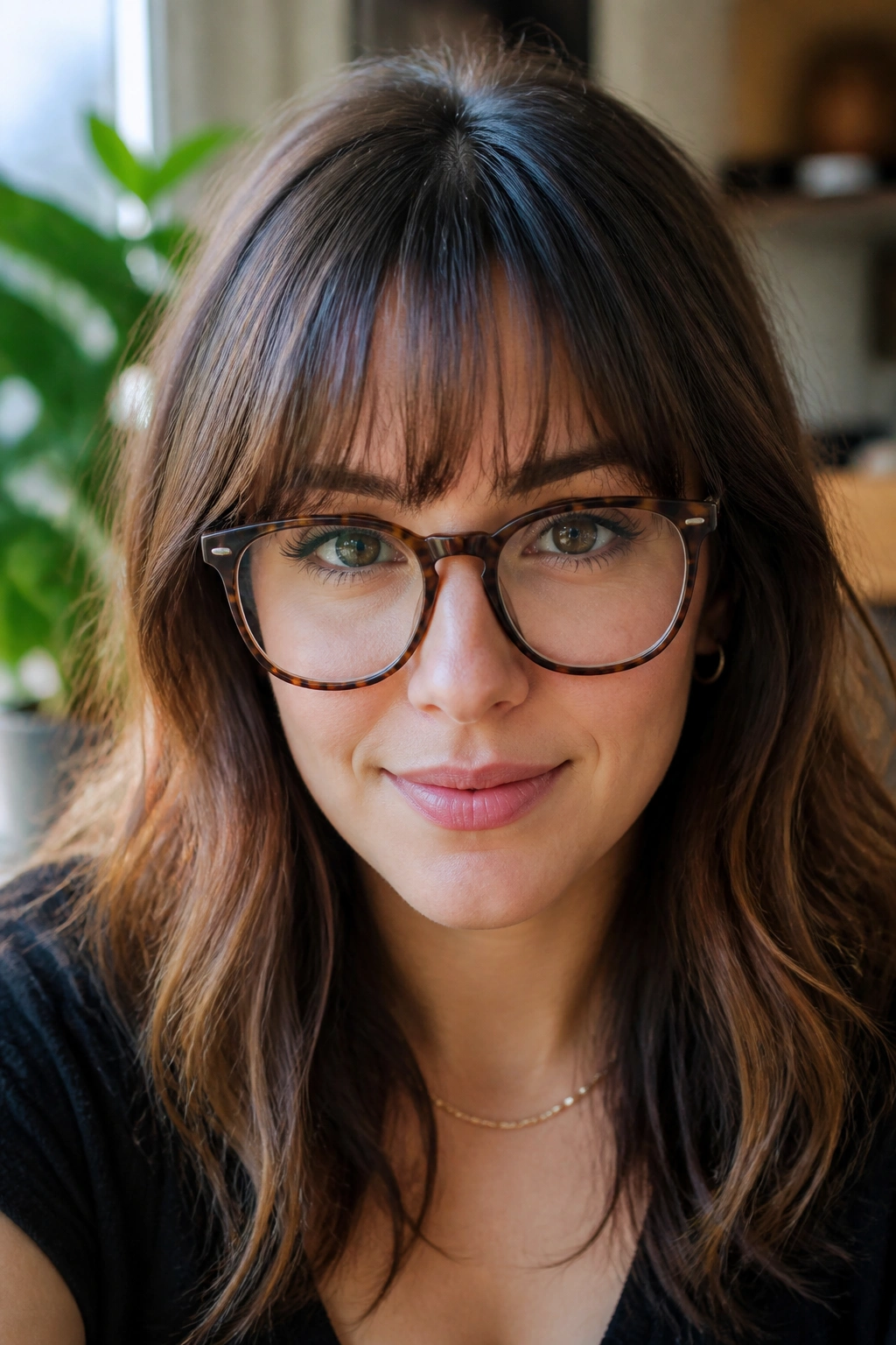 Close-up of a real person wearing glasses with fringe above the frames