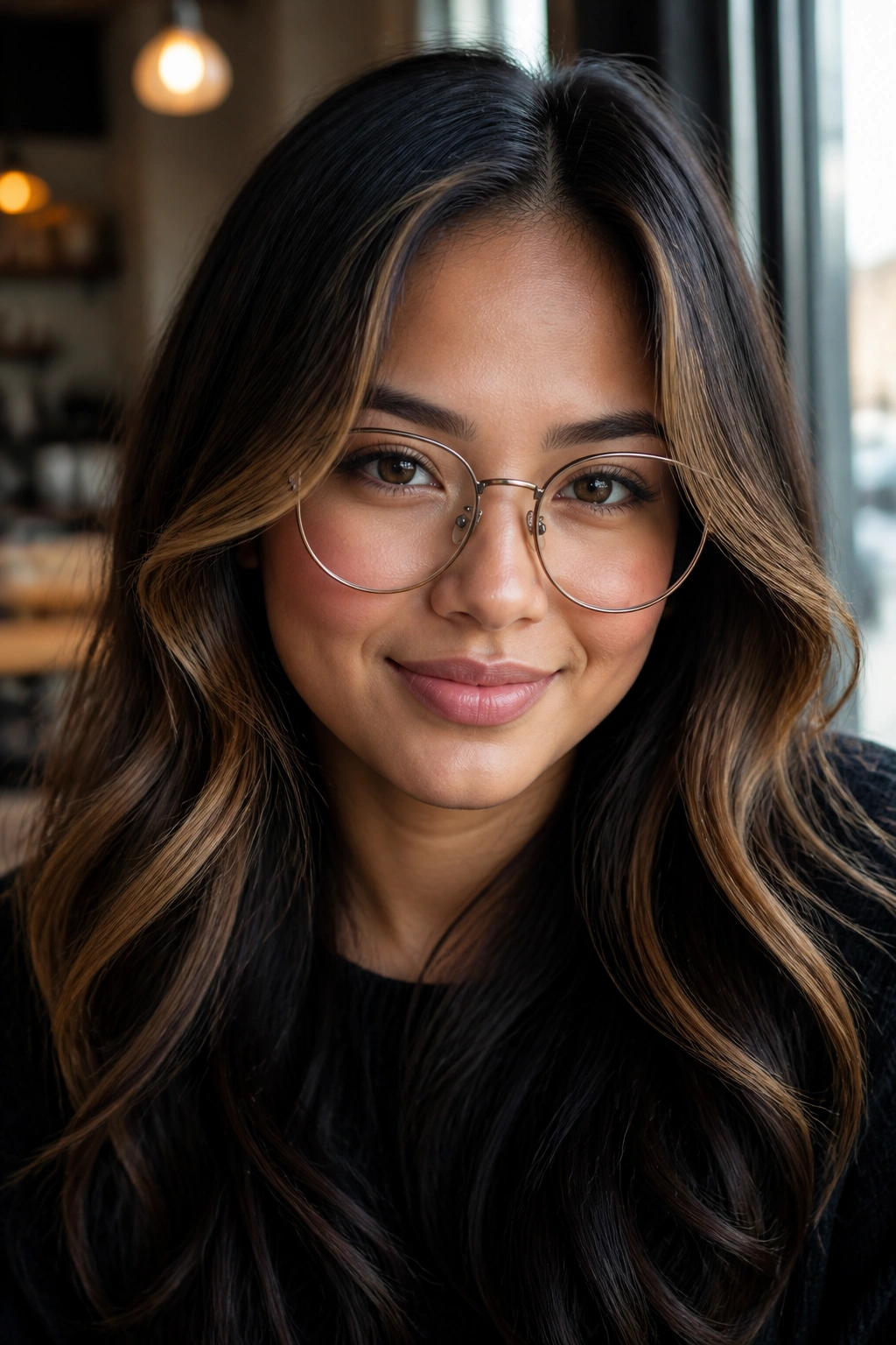 Portrait of real person wearing glasses with caramel pieces near temples
