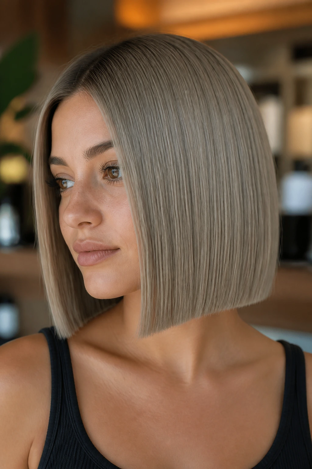 Close-up portrait of a real woman with glassy straight ash bob in a salon
