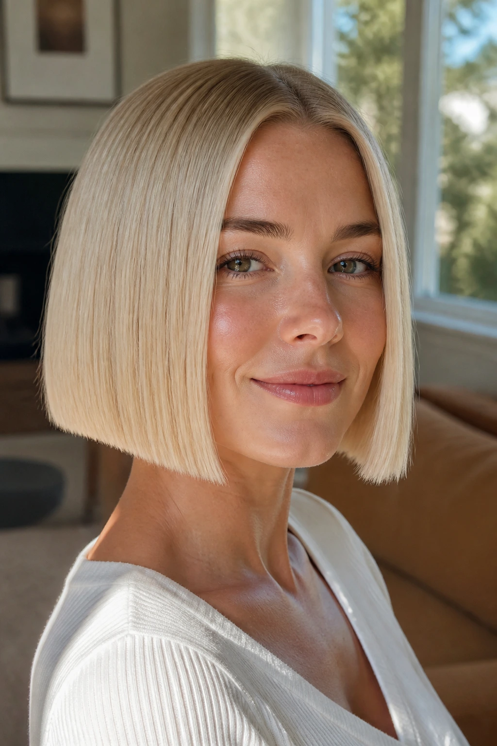 Close-up of a real woman with a glassy vanilla blonde bob and blunt perimeter in a sunlit living room