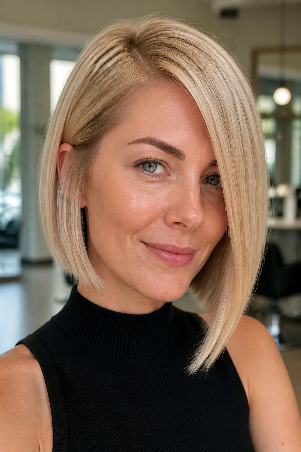 Close-up of a woman with a glassy beige blonde bob and side part