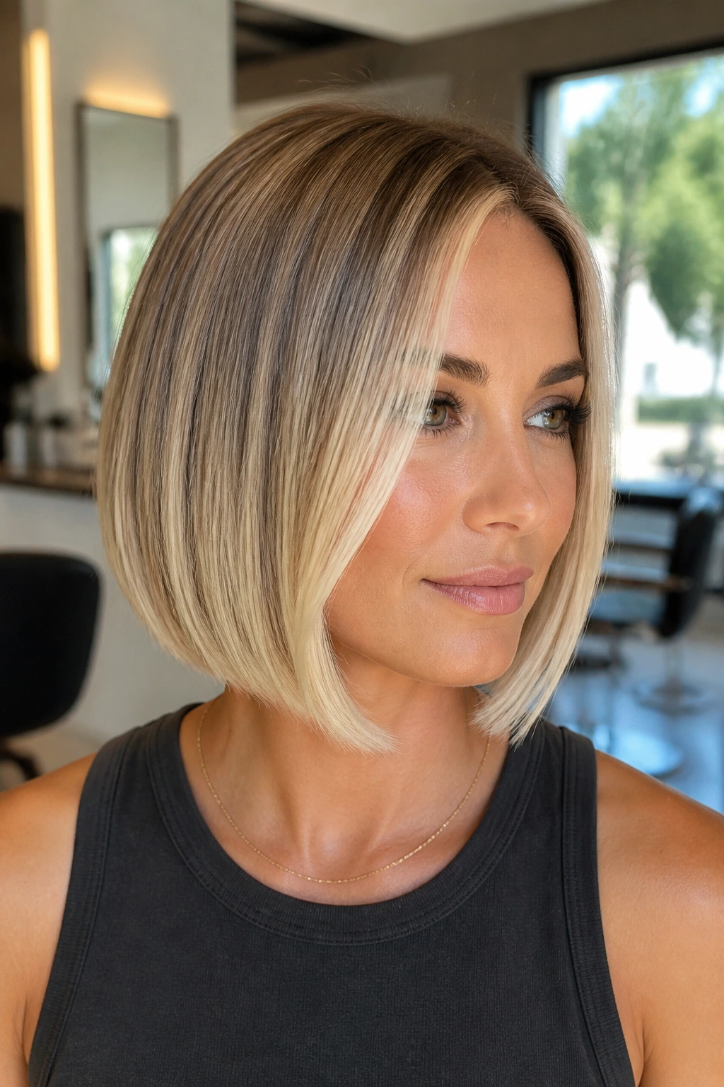 Close-up of a real woman with a glassy bob and front highlights framing her face