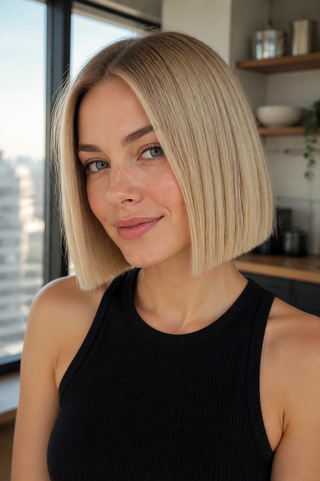Real woman with glassy one-length bob and root shadow in bright kitchen light