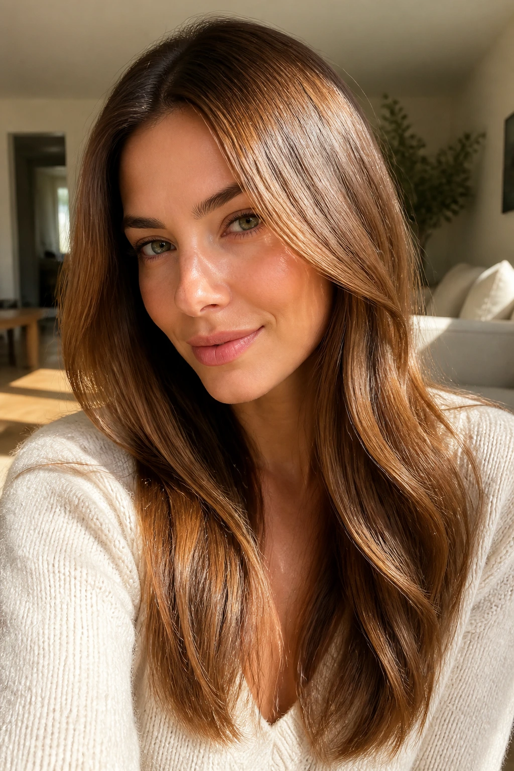 Close-up of glassy chestnut honey brown hair with high shine on a real person.