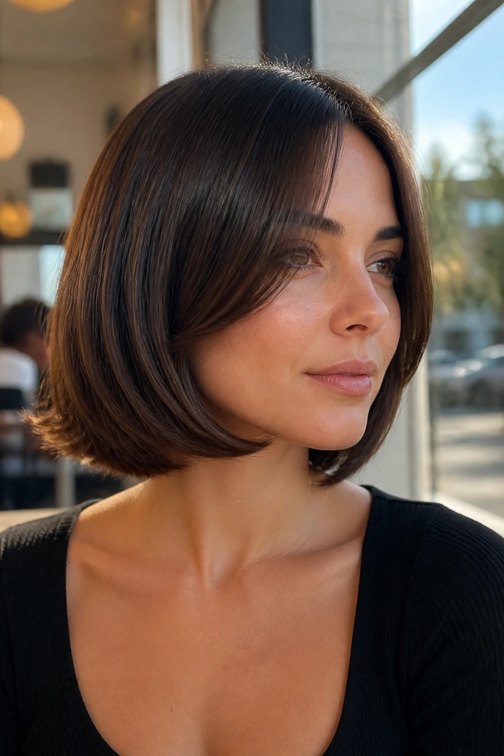 Close-up portrait of a real woman with a sleek glossy curtain bob and rounded under ends