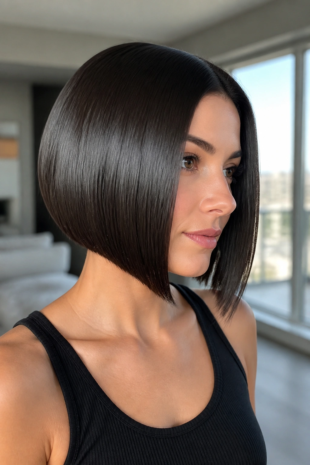 Real woman with glassy straight inverted bob showing razor-smooth finish