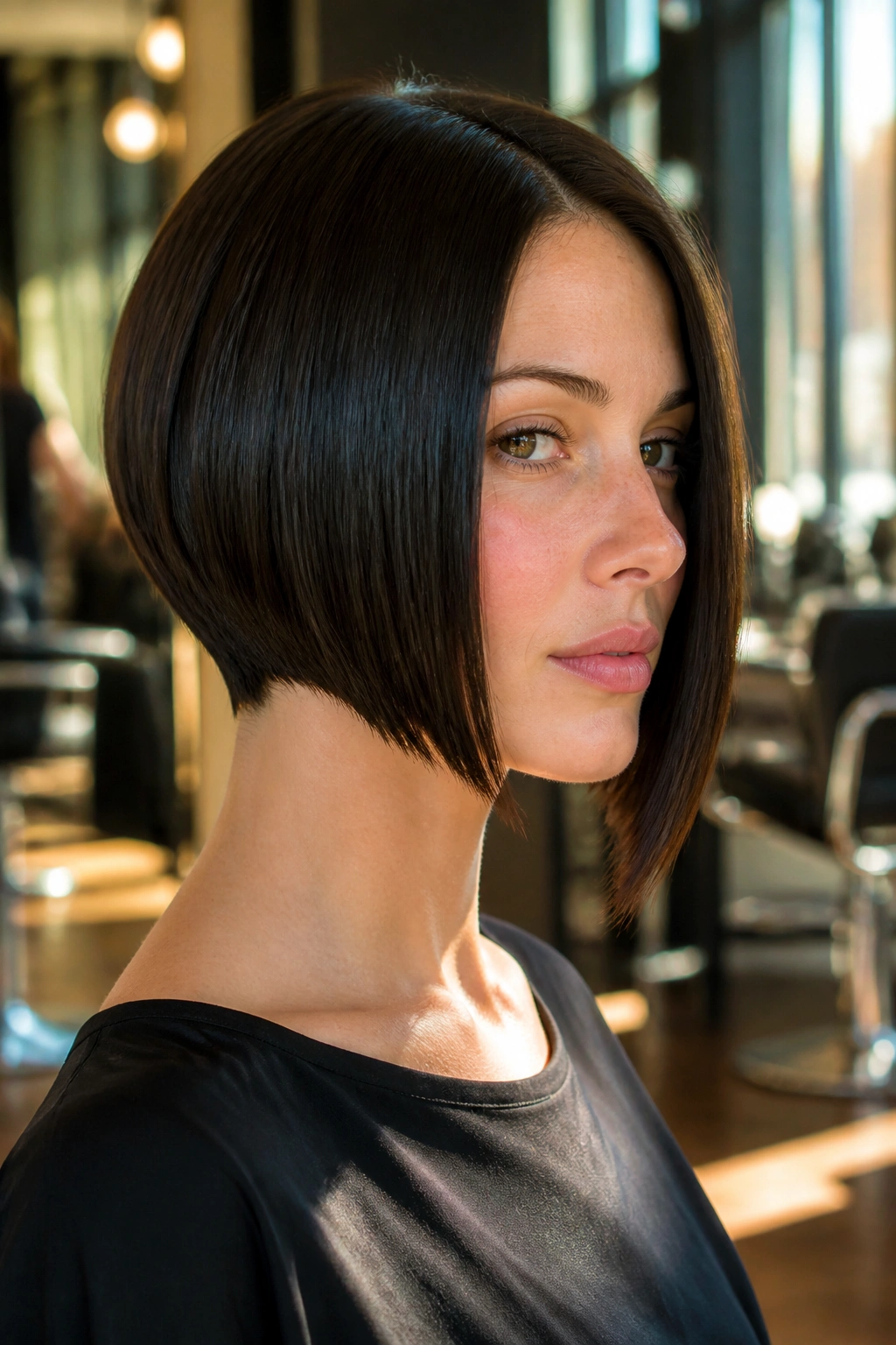 Close-up portrait of a real woman with a sharp glassy inverted bob and tapered nape in a salon.