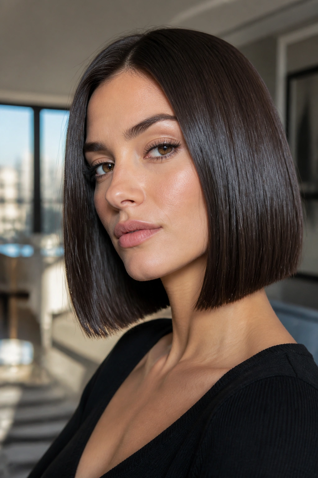 Close-up of brunette woman with sleek glassy straight ends in natural light