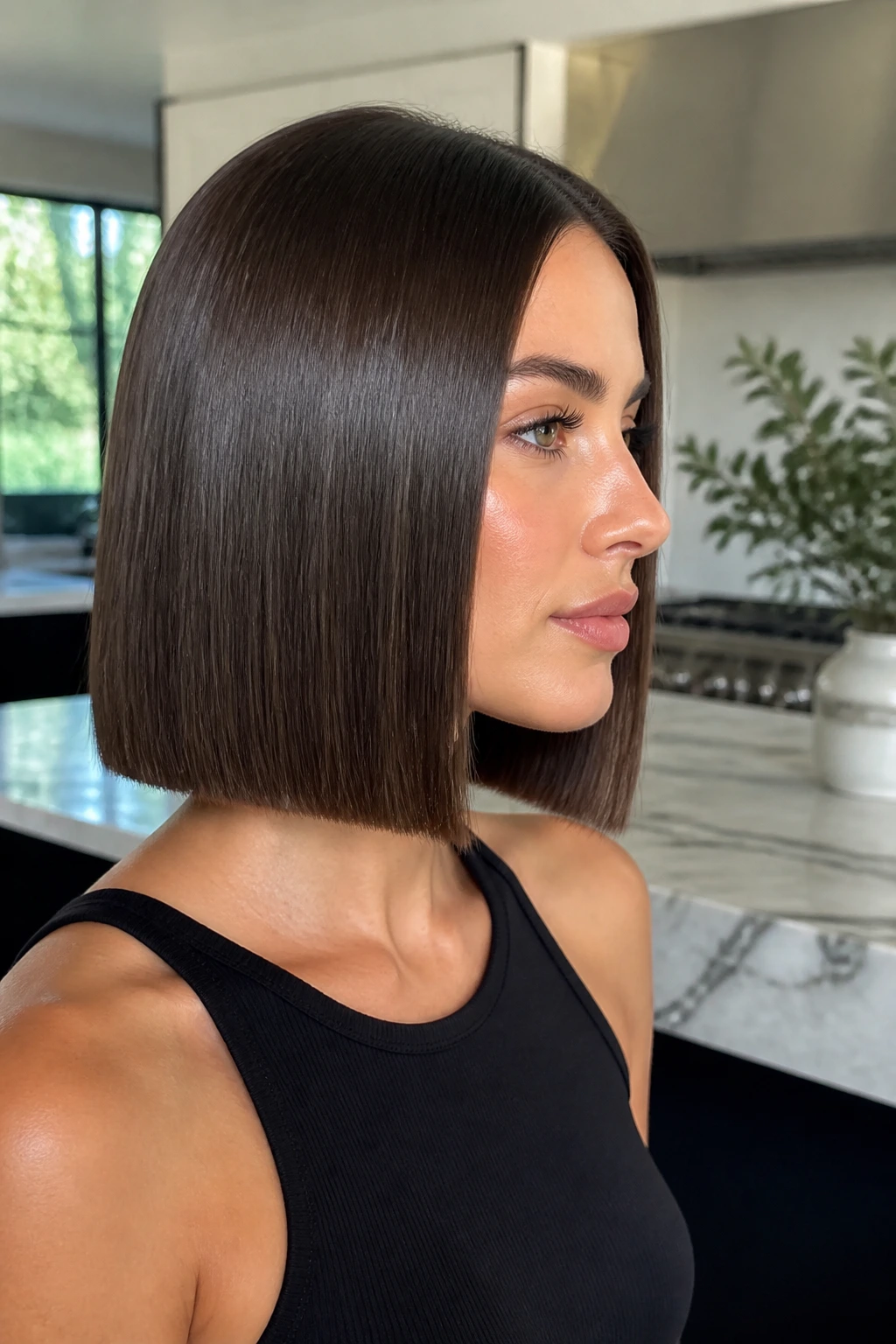 Real woman with a glossy one-length lob reflecting light in a bright kitchen setting.