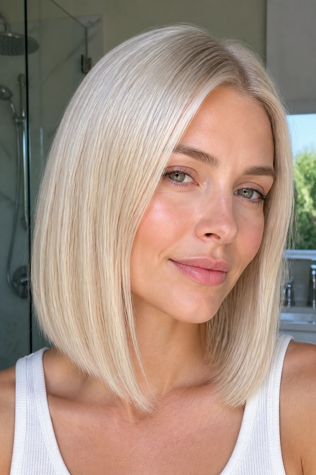 Close-up of a woman with glassy platinum lob, sleek shiny collarbone-length hair