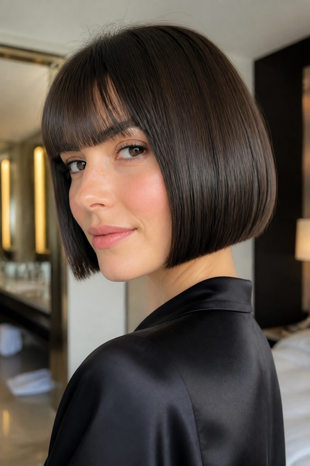 Portrait of a real woman with a glassy polished French bob for fine hair.