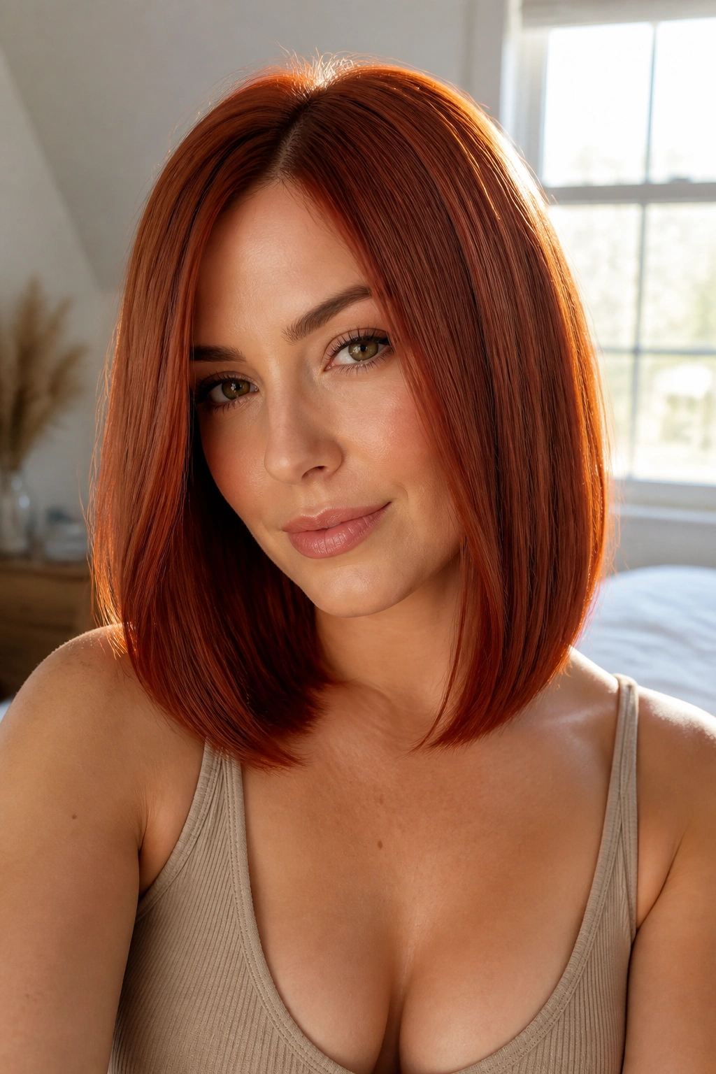 Close-up of a real woman with a glassy straight red lob, glossy shine, chin-length cut