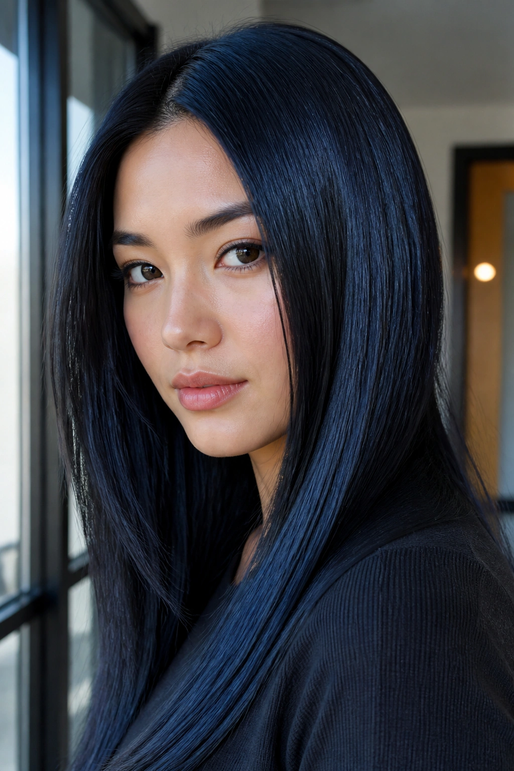 Close-up of a woman with glassy straight blue-black hair and a sharp part