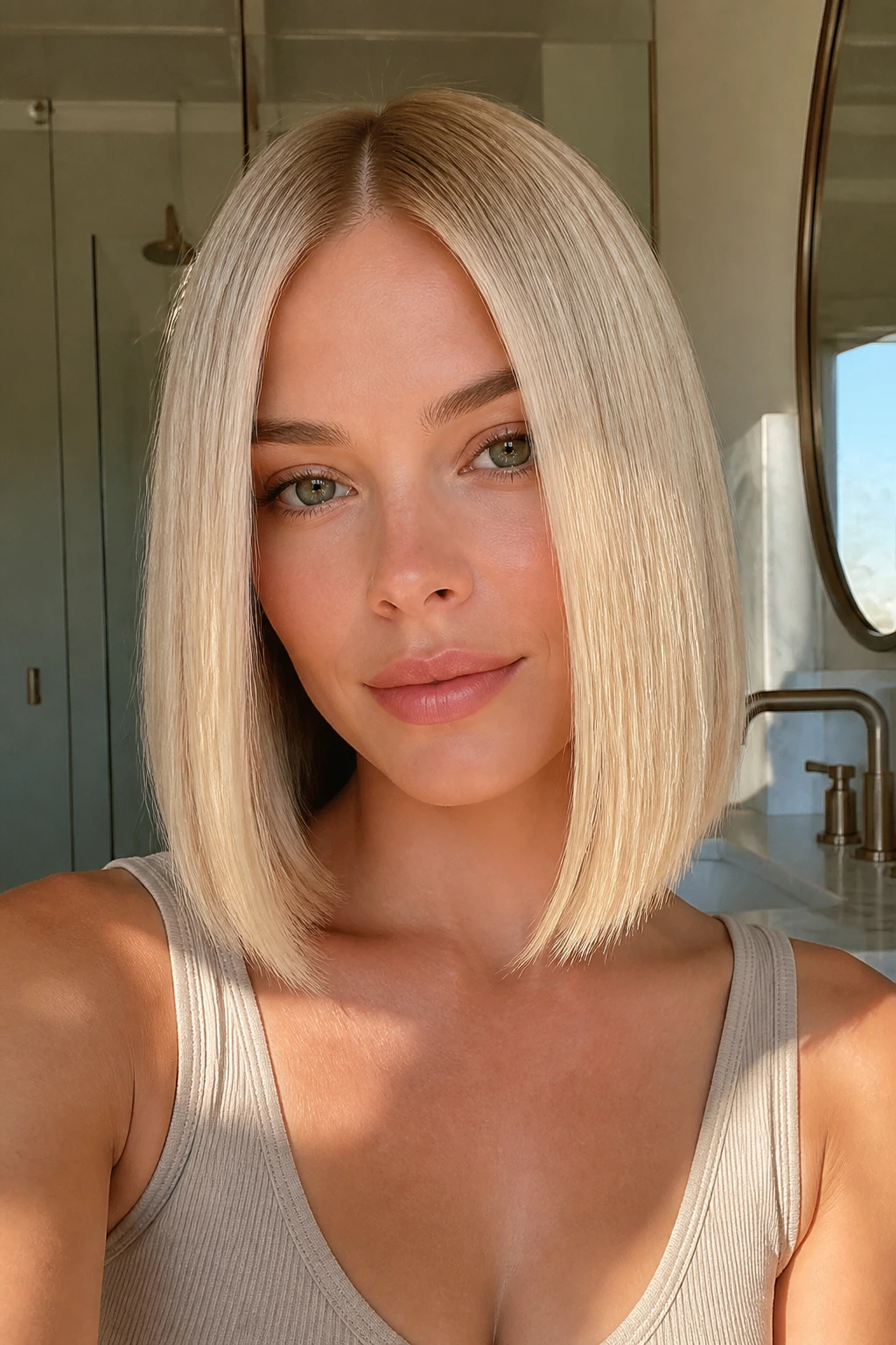 Close-up of a real woman with a glassy straight bob and center part, glossy blonde finish