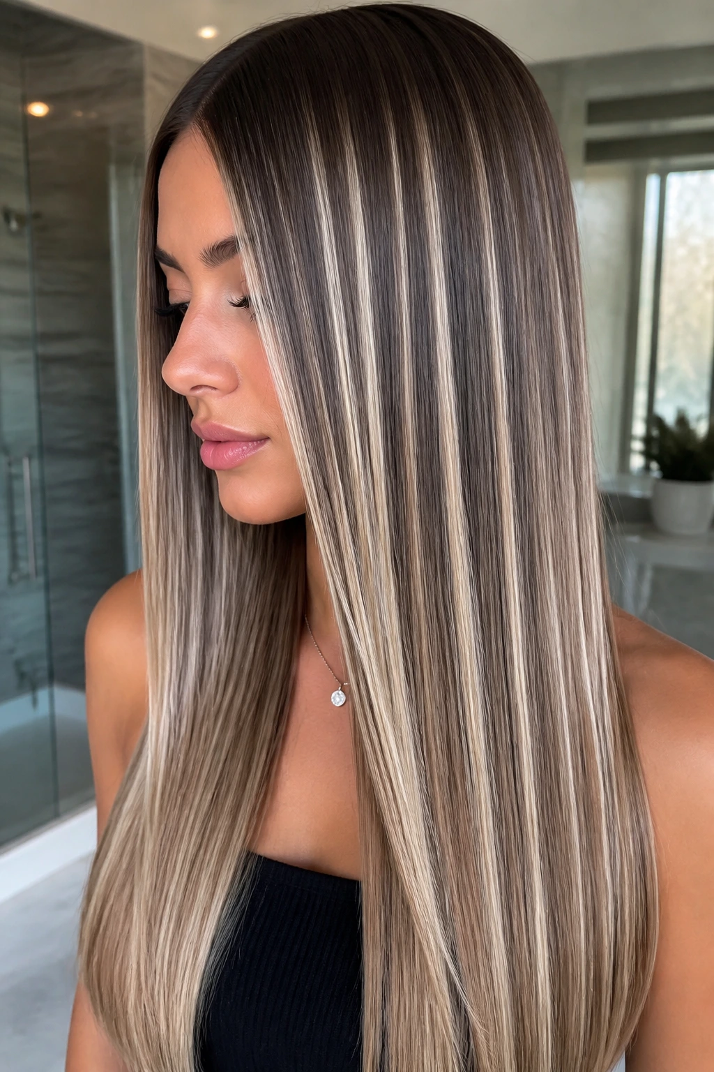 Real woman with glassy straight hair and narrow platinum ribbons in bright setting.