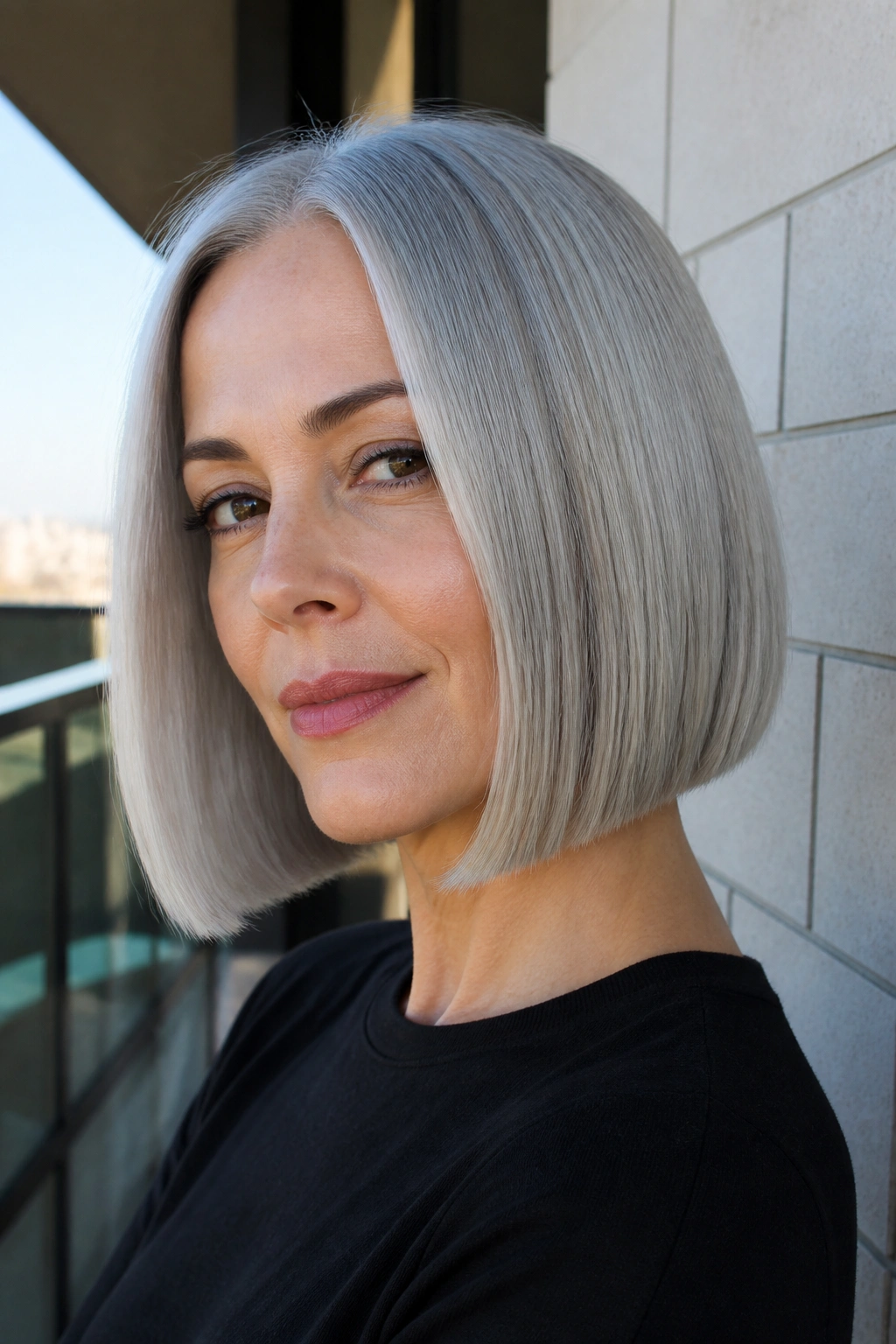 Portrait of a real woman with a glossy straight silver bob.