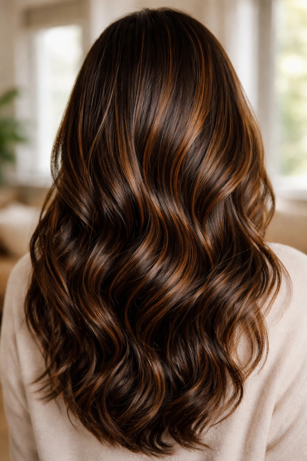 Close-up of subtle glazed caramel highlights on brown hair catching sunlight