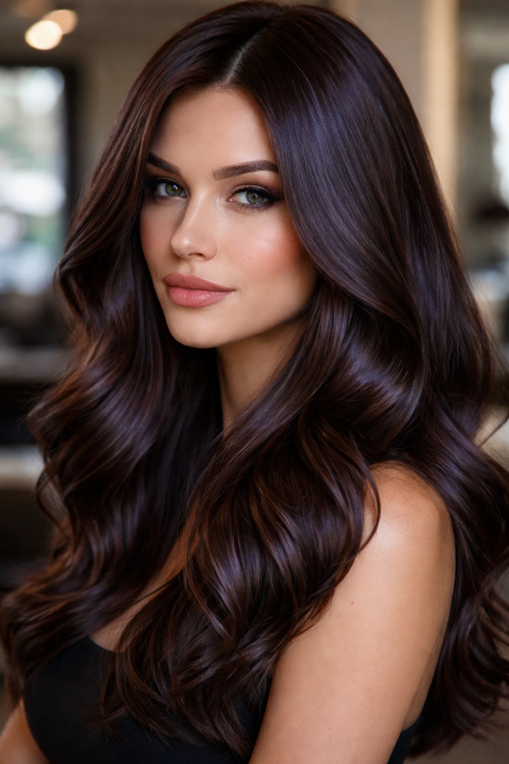 Close-up of a real person with glazed chocolate hair showing a blue-violet glaze in soft salon light