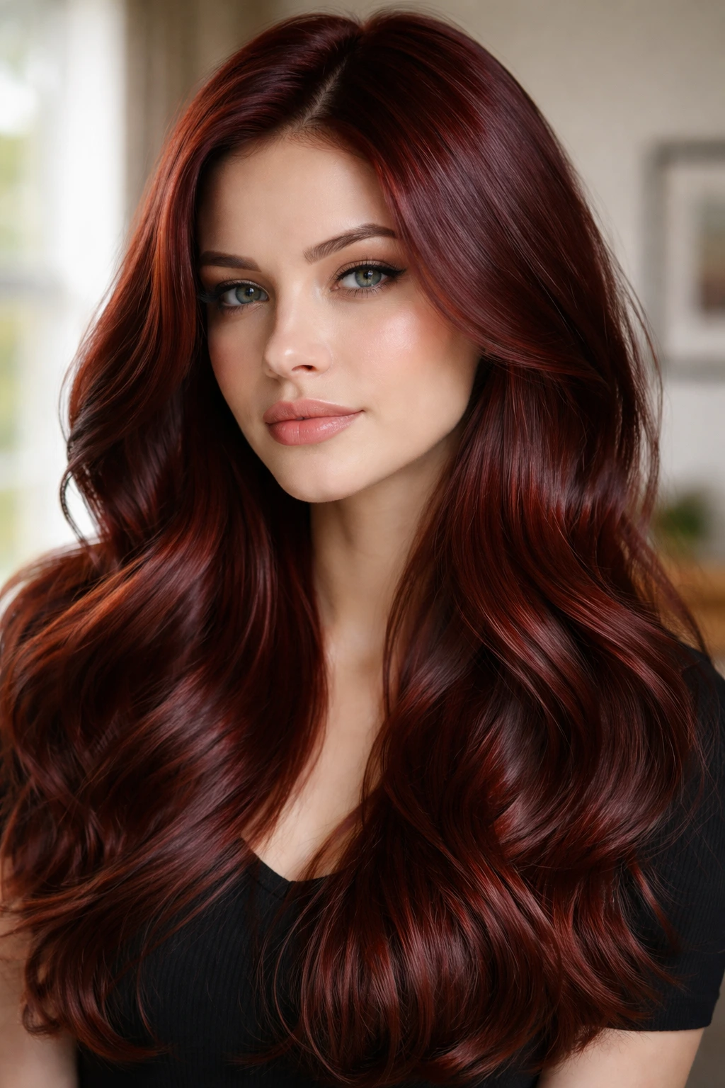 Close-up portrait of glossy glazed mahogany hair on a real person