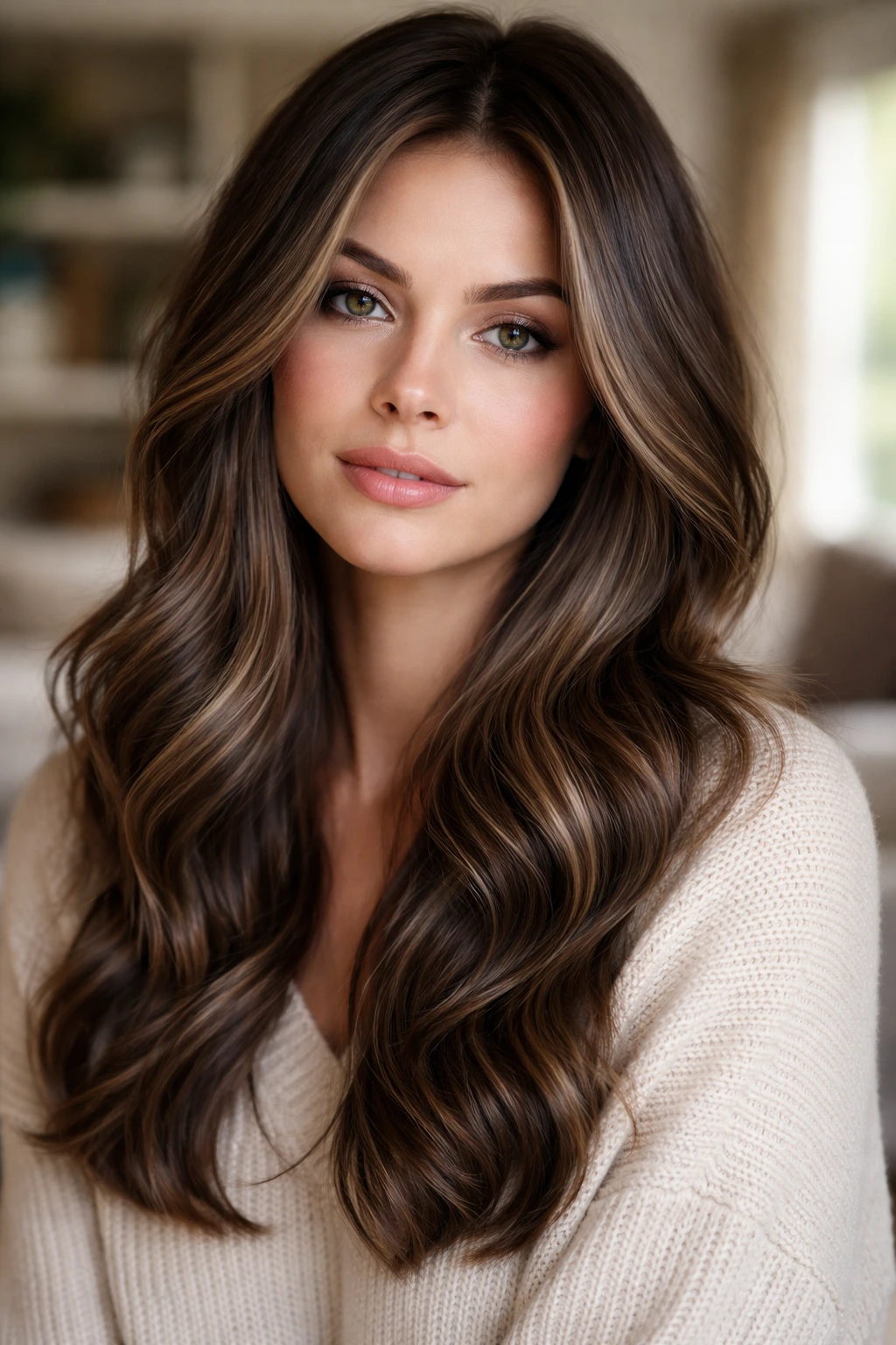 Close-up portrait of Glazed Mushroom Brown hair with balayage