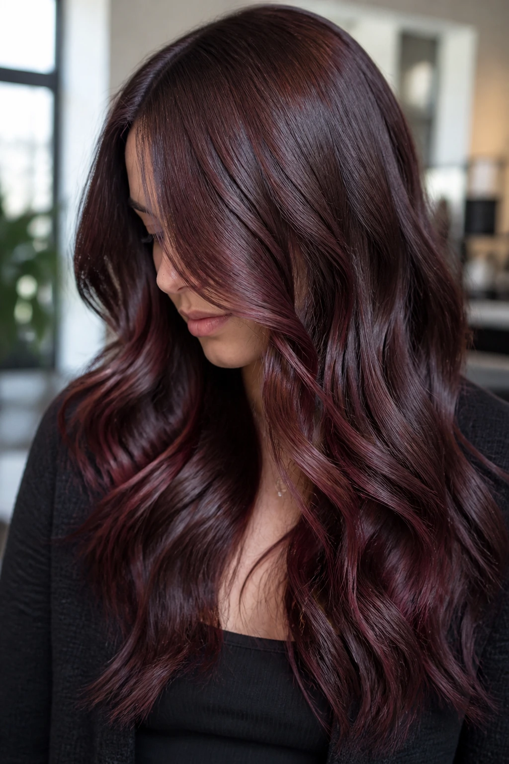 Close-up of a real person with burgundy gloss over balayage creating a glassy finish