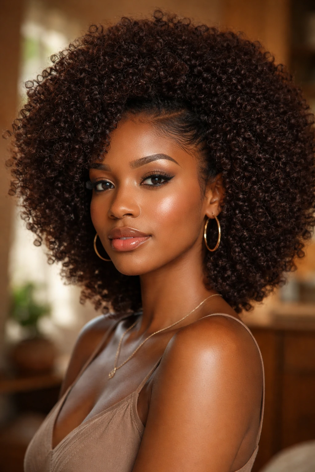 Close-up of a real person with a glossed chocolate afro and soft edges