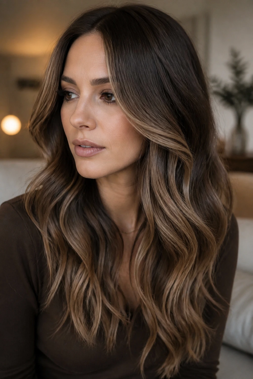 Close-up portrait of a real woman with glossy brown hair and taupe caramel lights