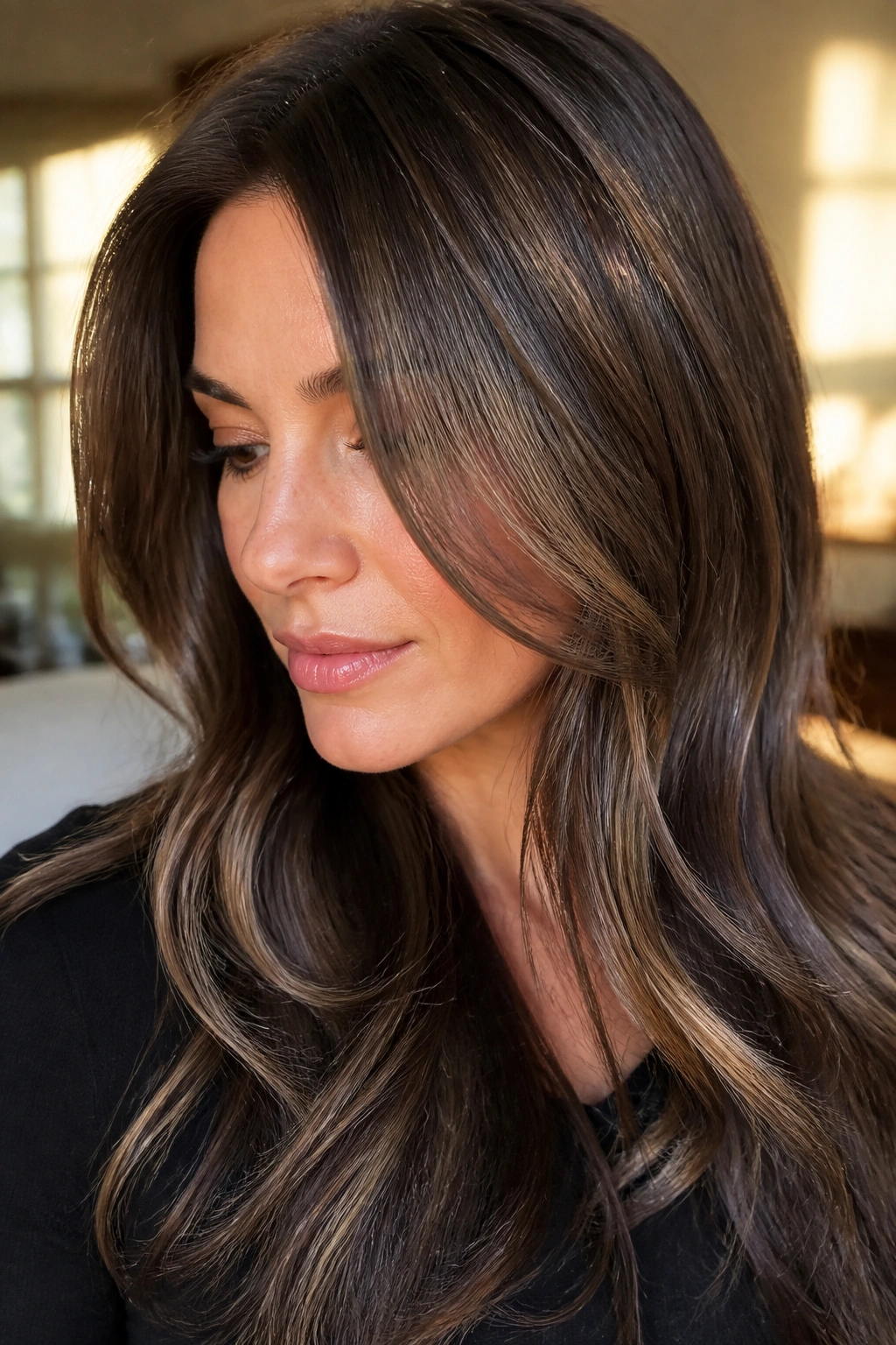 Close-up of real woman with glossy brunette highlights and sleek shine