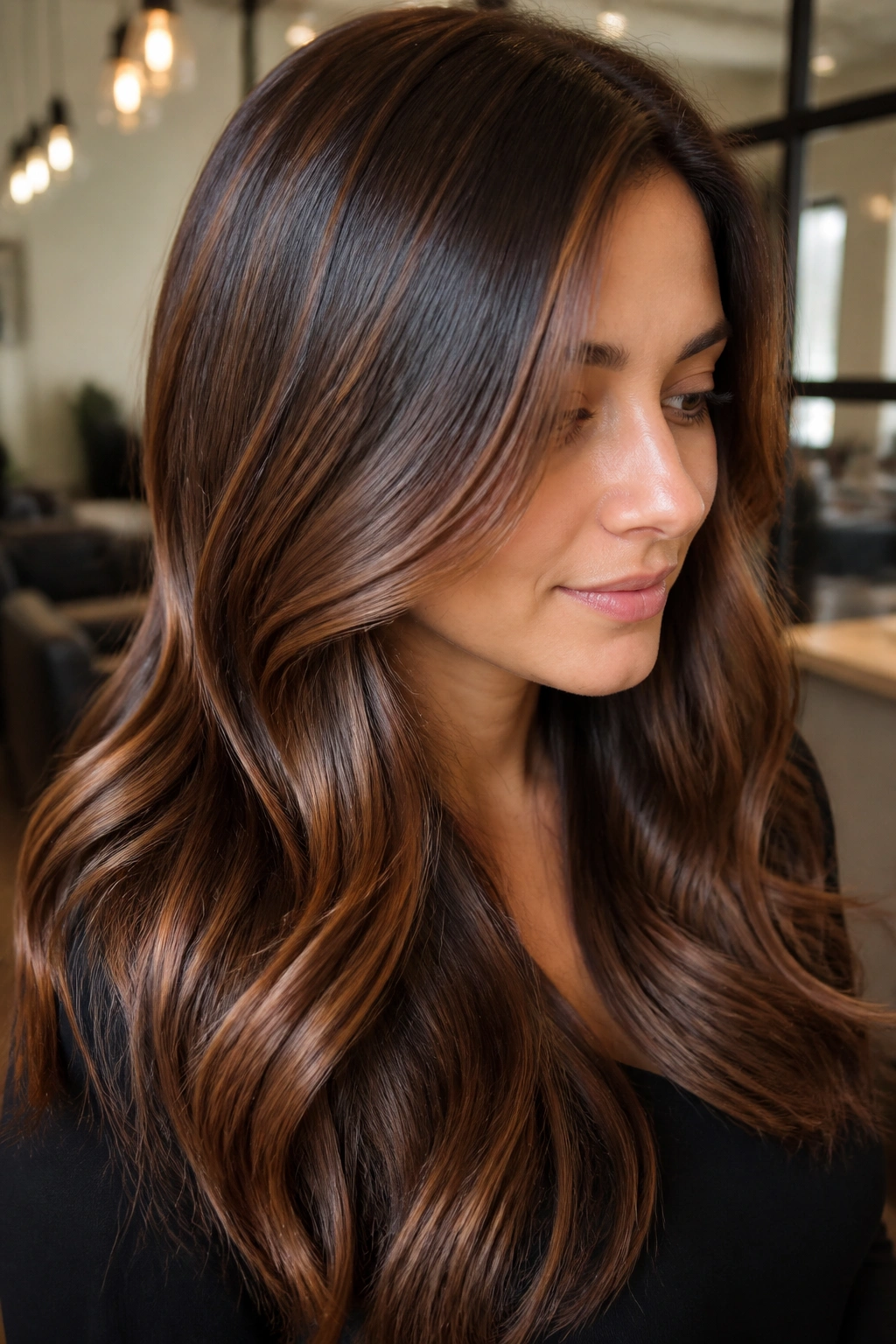 Real woman with glossy chestnut color melt on hair