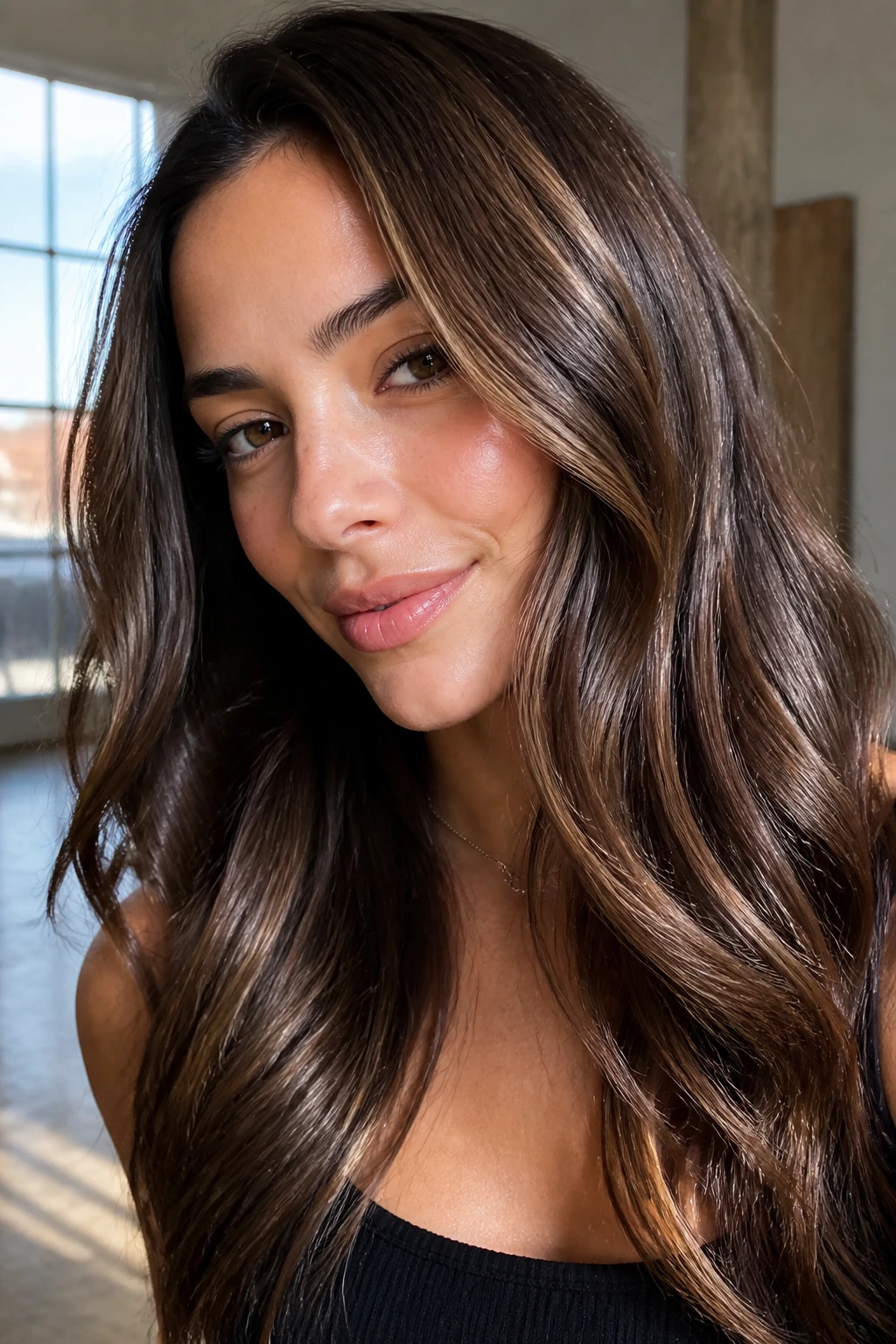 Brunette with glossed-in dimension and shiny brown hair.