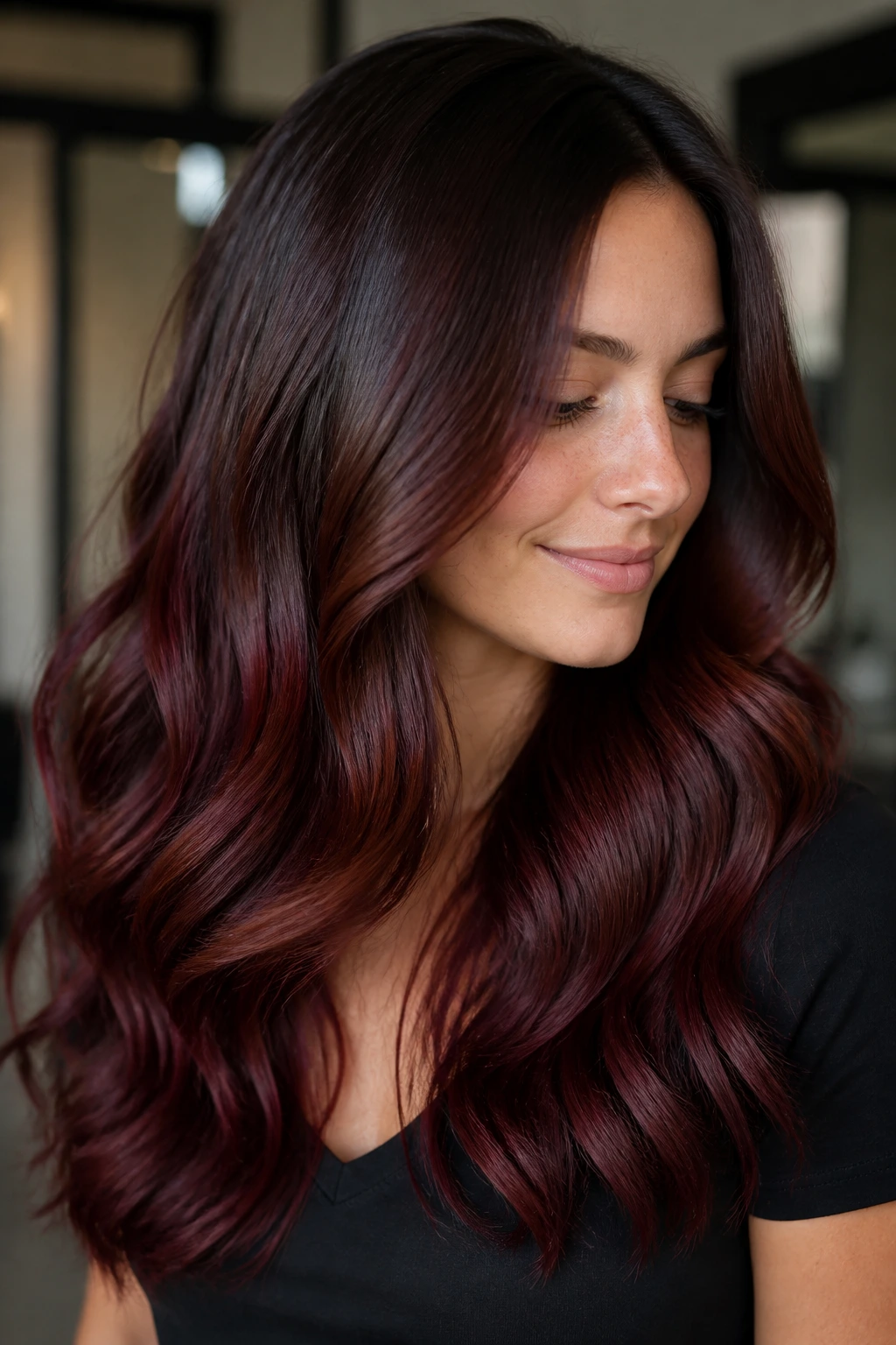Close-up of glossed mahogany melt hair with root shadow and gradient ends.