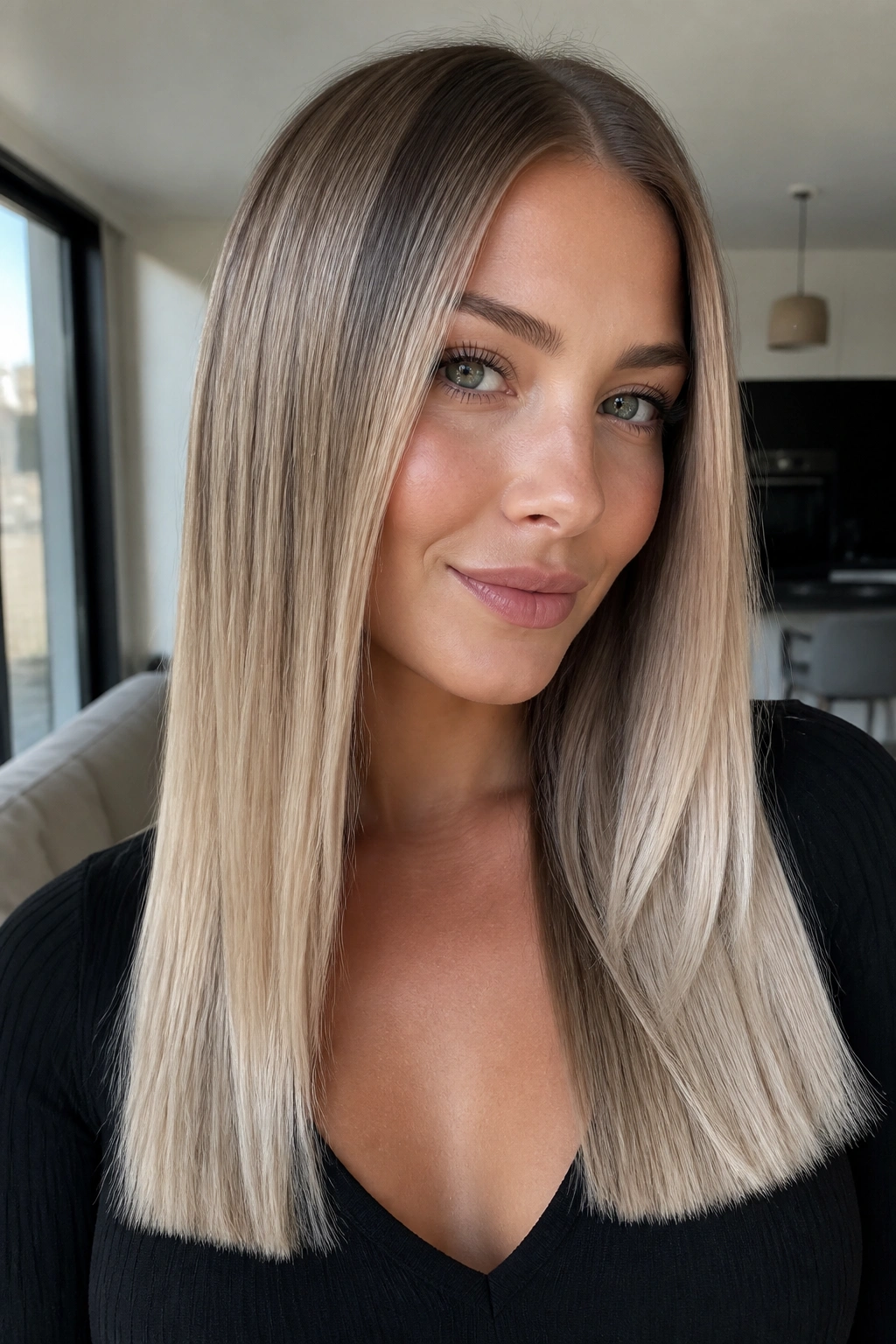 Close-up of a woman with glossy ash blonde ombre and clean ends