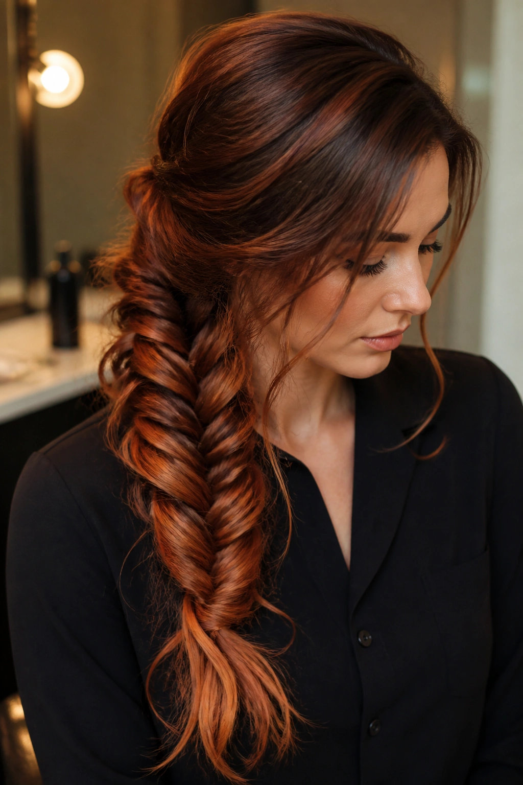 Close-up of real woman with glossy auburn ombre in a loose fishtail braid