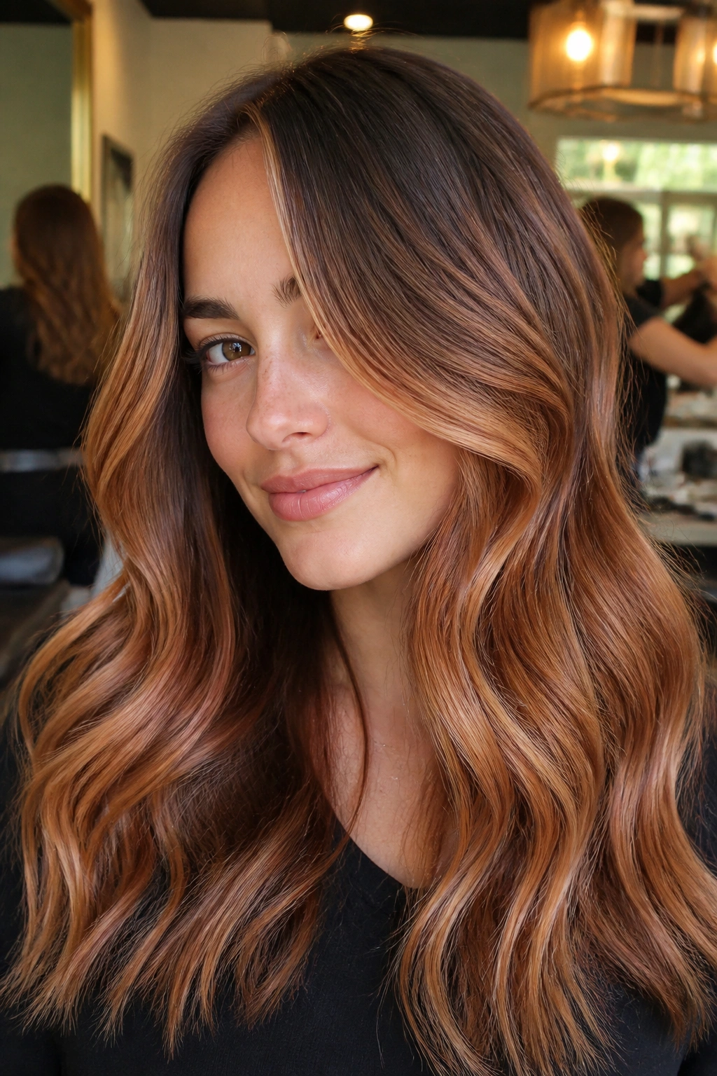 Real person with glossy strawberry blonde balayage on brown hair