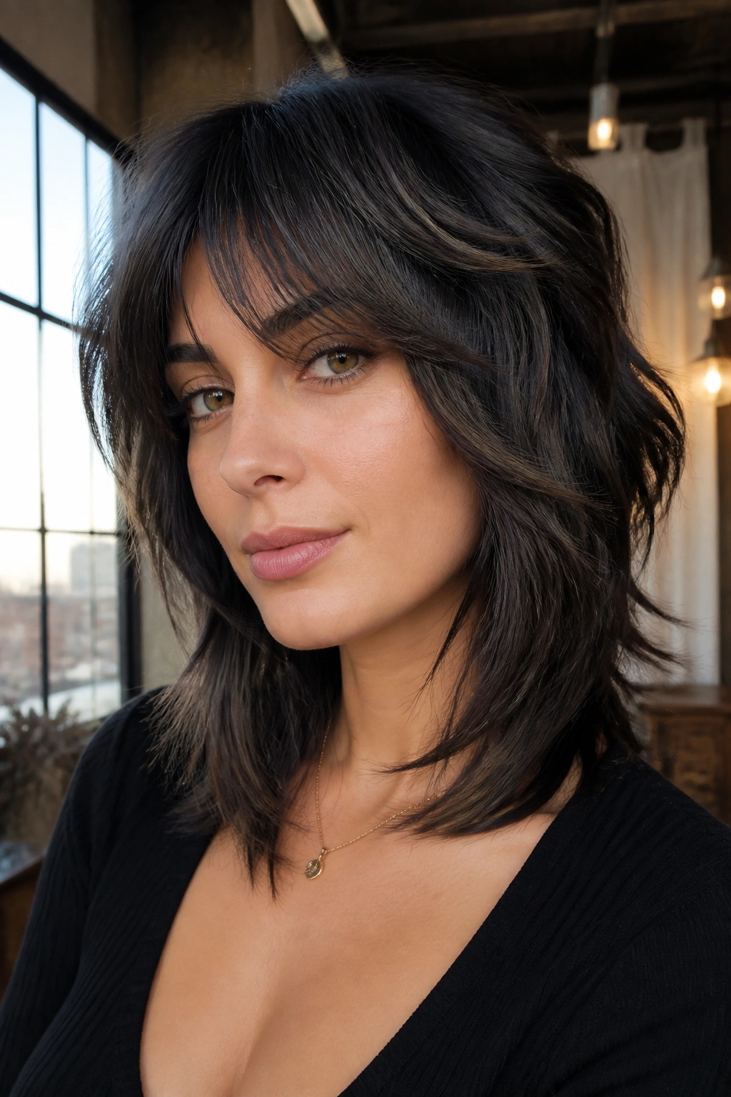 Portrait of a real person with glossy black balayage on a shag haircut