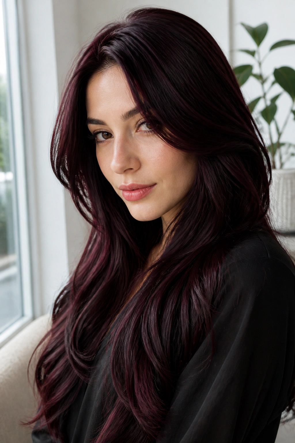 Real person with glossy black burgundy full-color hair under natural window light.